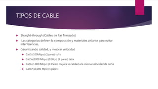 TIPOS DE CABLE
 Straight-through (Cables de Par Trenzado)
 Las categorías definen la composición y materiales aislante para evitar
interferencias,
 Garantizando calidad, y mejorar velocidad
 Cat.5 (100Mbps) (2pares) tx/rx
 Cat.5e(1000 Mbps) (1GBps) (2 pares) tx/rx
 Cat.6 (1.000 Mbps) (4 Pares) mejora la calidad a la misma velocidad de cat5e
 Cat.6ª(10.000 Mps) (4 pares)
 