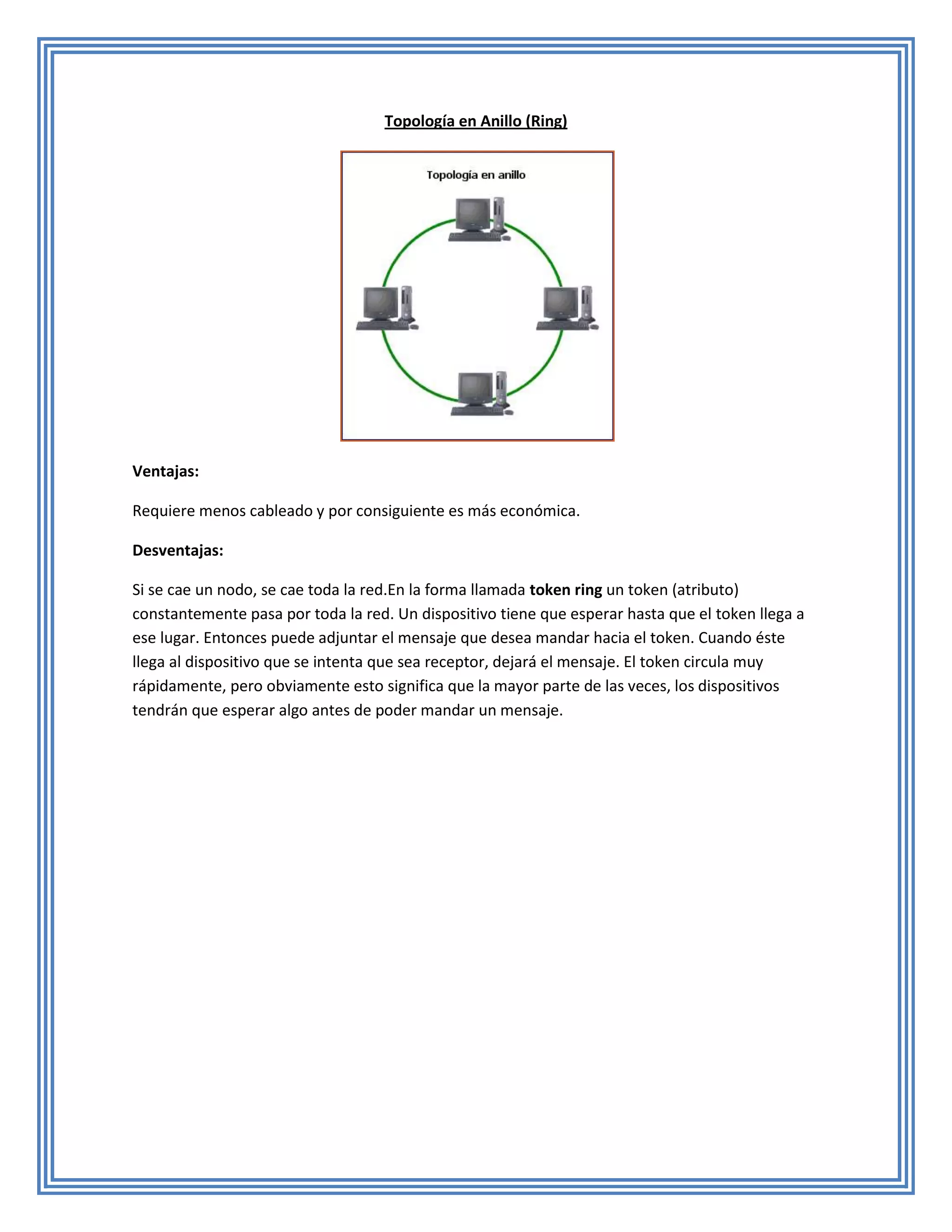Topología en Anillo (Ring)




Ventajas:

Requiere menos cableado y por consiguiente es más económica.

Desventajas:

Si se cae un nodo, se cae toda la red.En la forma llamada token ring un token (atributo)
constantemente pasa por toda la red. Un dispositivo tiene que esperar hasta que el token llega a
ese lugar. Entonces puede adjuntar el mensaje que desea mandar hacia el token. Cuando éste
llega al dispositivo que se intenta que sea receptor, dejará el mensaje. El token circula muy
rápidamente, pero obviamente esto significa que la mayor parte de las veces, los dispositivos
tendrán que esperar algo antes de poder mandar un mensaje.
 
