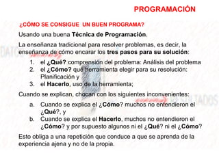 Usando una buena Técnica de Programación.
La enseñanza tradicional para resolver problemas, es decir, la
enseñanza de cómo encarar los tres pasos para su solución:
1. el ¿Qué? comprensión del problema: Análisis del problema
2. el ¿Cómo? qué herramienta elegir para su resolución:
Planificación y
3. el Hacerlo, uso de la herramienta;
Cuando se explican, chocan con los siguientes inconvenientes:
a. Cuando se explica el ¿Cómo? muchos no entendieron el
¿Qué?, y
b. Cuando se explica el Hacerlo, muchos no entendieron el
¿Cómo? y por supuesto algunos ni el ¿Qué? ni el ¿Cómo?
Esto obliga a una repetición que conduce a que se aprenda de la
experiencia ajena y no de la propia.
PROGRAMACIÓN
¿CÓMO SE CONSIGUE UN BUEN PROGRAMA?
 