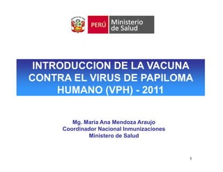 INTRODUCCION DE LA VACUNA
CONTRA EL VIRUS DE PAPILOMA
     HUMANO (VPH) - 2011


        Mg. Maria Ana Mendoza Araujo
     Coordinador Nacional Inmunizaciones
             Ministero de Salud


                                           1
 