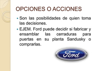 OPCIONES O ACCIONES
 Son las posibilidades de quien toma
  las decisiones.
 EJEM. Ford puede decidir si fabricar y
  ensamblar las cerraduras para
  puertas en su planta Sandusky o
  comprarlas.
 
