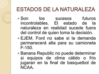 ESTADOS DE LA NATURALEZA
 Son       los      sucesos      futuros
  incontrolables. El estado de la
  naturaleza en realidad sucede fuera
  del control de quien toma la decisión.
 EJEM. Ford no sabe si la demanda
  permanecerá alta para su camioneta
  F-150.
 Banana Republic no puede determinar
  si equipos de clima cálido o frío
  jugaran en la final de basquetbol de
  NCAA.
 
