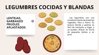 LENTEJAS,
GARBANZO O
FRIJOLES
APLASTADOS
Las legumbres son una
excelente fuente de proteínas
vegetales, fibra y hierro. Su
textura blanda y pastosa es
fácil de manipular y tragar, y
se pueden ofrecer en forma
de pequeñas bolitas o en
puré.
LEGUMBRES COCIDAS Y BLANDAS
 