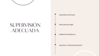 SUPERVISIÓN
ADECUADA
ATENCIÓN CONTINUA
POSICIÓN DEL BEBÉ
AMBIENTE TRANQUILO
ARCADAS Y ATRAGANTAMIENTO
 