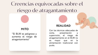 Creencias equivocadas sobre el
riesgo de atragantamiento
MITO
REALIDAD
Con las técnicas adecuadas de
corte, presentación y
supervisión, el riesgo de
atragantamiento en el BLW no
es mayor que en la
alimentación tradicional con
purés.
"El BLW es peligroso y
aumenta el riesgo de
atragantamiento"
 
