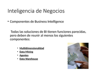 Inteligencia de Negocios
• Componentes de Business Intelligence
Todas las soluciones de BI tienen funciones parecidas,
pero deben de reunir al menos los siguientes
componentes:
• Multidimensionalidad
• Data Mining
• Agentes
• Data Warehouse
 