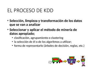 EL PROCESO DE KDD
• Selección, limpieza y transformación de los datos
que se van a analizar
• Seleccionar y aplicar el método de minería de
datos apropiado;
• clasificación, agrupamiento o clustering
• la selección de él o de los algoritmos a utilizar;
• forma de representarlo (árboles de decisión, reglas, etc.)
 