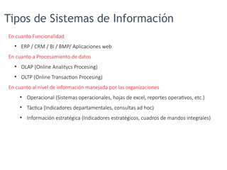 Tipos de Sistemas de Información
En cuanto Funcionalidad
• ERP / CRM / BI / BMP/ Aplicaciones web
En cuanto a Procesamiento de datos
• OLAP (Online Analitycs Procesing)
• OLTP (Online Transaction Procesing)
En cuanto al nivel de información manejada por las organizaciones
• Operacional (Sistemas operacionales, hojas de excel, reportes operativos, etc.)
• Táctica (Indicadores departamentales, consultas ad hoc)
• Información estratégica (Indicadores estratégicos, cuadros de mandos integrales)
 