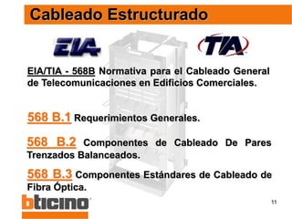 11
EIA/TIA - 568B Normativa para el Cableado General
de Telecomunicaciones en Edificios Comerciales.
568 B.1 Requerimientos Generales.
568 B.3 Componentes Estándares de Cableado de
Fibra Óptica.
568 B.2 Componentes de Cableado De Pares
Trenzados Balanceados.
Cableado Estructurado
 