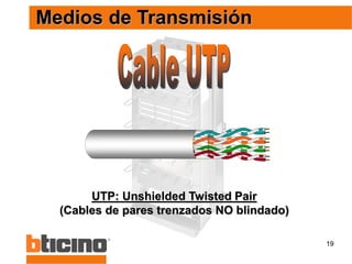 19
UTP: Unshielded Twisted Pair
(Cables de pares trenzados NO blindado)
Medios de Transmisión
 
