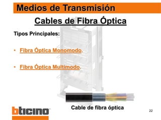 22
Cables de Fibra Óptica
Tipos Principales:
• Fibra Óptica Monomodo.
• Fibra Óptica Multimodo.
Medios de Transmisión
Cable de fibra óptica
 