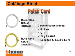 69
Catálogo Btnet
RJ45-RJ45
Cat. 6
(C9201U/6)
RJ45-RJ45
Cat. 5e
(C9201U/E) Características ambos:
 8 pines
 UTP
 24 y 23 AWG
 Longitud 1, 1.5, 3 y 4.6 m
 