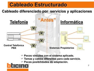 7
Cableado diferenciado por servicios y aplicaciones
Telefonía Informática
Sistemas Propietarios
 Pocos vínculos con el sistema aplicado.
 Tomas y cables diferentes para cada servicio.
 Pocas posibilidades de adaptación.
Central Telefónica
PBX
Cableado Estructurado
“Antes”
 