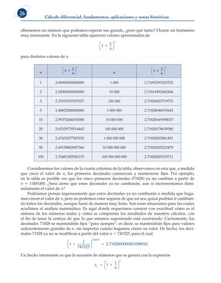 Cálculo diferencial, fundamentos, aplicaciones y notas históricas
26
obtenemos un número que podemos esperar sea grande, ¿pero qué tanto? Ocurre un fenómeno
muy interesante. En la siguiente tabla aparecen valores aproximados de
1
1
1
n
n




para distintos valores de n.
n 1 1
1
1
n
n



 n 1 1
1
1
n
n




1 2.00000000000000 1 000 2.71692393223552
2 2.25000000000000 10 000 2.71814592682436
3 2.37037037037037 100 000 2.71826823719753
5 2.48832000000000 1 000 000 2.71828046915643
10 2.59374246010000 10 000 000 2.71828169398037
20 2.65329770514442 100 000 000 2.71828178639580
30 2.67431877587030 1 000 000 000 2.71828203081451
50 2.69158802907360 10 000 000 000 2.71828205323479
100 2.70481382942153 100 000 000 000 2.71828205335711
Consideremos los valores de la cuarta columna de la tabla; observemos en esta que, a medida
que crece el valor de n, los primeros decimales comienzan a mantenerse fijos. Por ejemplo,
en la tabla es posible ver que los cinco primeros decimales (71828) ya no cambian a partir de
n 5 1000000. ¿Será cierto que estos decimales ya no cambiarán, aun si incrementamos ilimi-
tadamente el valor de n?
Podríamos pensar ingenuamente que estos decimales ya no cambiarán a medida que haga-
mos crecer el valor de n, pero no podemos estar seguros de que así sea; quizá podrían ir cambian-
do todos los decimales, aunque fuese de manera muy lenta. Son estas situaciones para las cuales
acudimos al análisis matemático. Es aquí donde requerimos conocer con exactitud cómo es el
sistema de los números reales y cómo se comportan los resultados de nuestros cálculos, con
el fin de tener la certeza de que lo que estamos suponiendo está ocurriendo. Ciertamente, los
decimales 71828 se mantendrán fijos “para siempre”; es decir, se mantendrán fijos para valores
suficientemente grandes de n, sin importar cuánto hagamos crecer su valor. De hecho, los deci-
males 71828 ya no se modifican a partir del valor n 5 743325, para el cual
1
1
743325
2 7182800000001098541
743325
1




≈ . .
Un hecho interesante es que la sucesión de números que se genera con la expresión
a
n
n
n
= 



1
1
1
 
