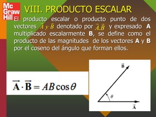 VIII. PRODUCTO ESCALAR
El producto escalar o producto punto de dos
vectores denotado por y expresado A
multiplicado escala...