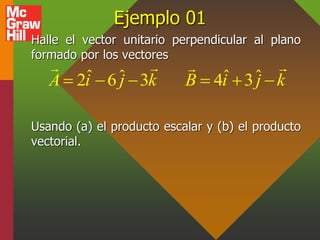 Ejemplo 01
Halle el vector unitario perpendicular al plano
formado por los vectores
Usando (a) el producto escalar y (b) e...