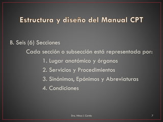 B. Seis (6) Secciones
Cada sección o subsección está representada por:
1. Lugar anatómico y órganos
2. Servicios y Procedimientos
3. Sinónimos, Epónimos y Abreviaturas
4. Condiciones
Dra. Nitza I. Cortés 7
 