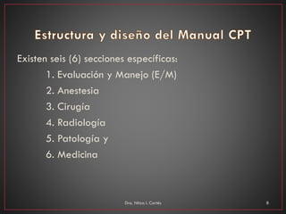 Existen seis (6) secciones específicas:
1. Evaluación y Manejo (E/M)
2. Anestesia
3. Cirugía
4. Radiología
5. Patología y
6. Medicina
Dra. Nitza I. Cortés 8
 