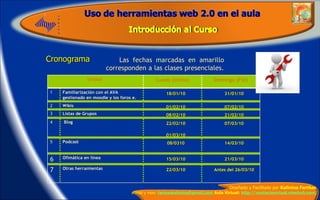 Cronograma Las fechas marcadas en amarillo corresponden a las clases presenciales.  Unidad  Lunes (inicio) Domingo (Fin) 1 Familiarización con el AVA gestionado en moodle y los foros e. 18/01/10 31/01/10 2 Wikis 01/02/10 07/02/10 3 Listas de Grupos 08/02/10 21/02/10 4 Blog 22/02/10 01/03/10 07/03/10 5 Podcast 08/0310 14/03/10 6 Ofimática en línea 15/03/10 21/03/10 7 Otras herramientas 22/03/10 Antes del 26/03/10 