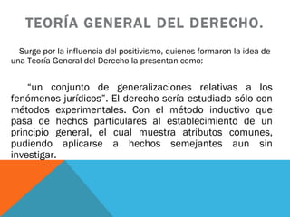 TEORÍA GENERAL DEL DERECHO. Surge por la influencia del positivismo, quienes formaron la idea de una Teoría General del Derecho la presentan como:  “ un conjunto de generalizaciones relativas a los fenómenos jurídicos”. El derecho sería estudiado sólo con métodos experimentales. Con el método inductivo que pasa de hechos particulares al establecimiento de un principio general, el cual muestra atributos comunes, pudiendo aplicarse a hechos semejantes aun sin investigar. 