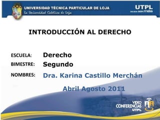 INTRODUCCIÓN AL DERECHO  Derecho ESCUELA: BIMESTRE: Segundo NOMBRES: Dra. Karina Castillo Merchán Abril Agosto 2011 