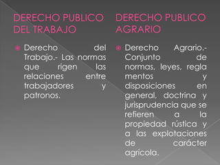  Derecho del
Trabajo.- Las normas
que rigen las
relaciones entre
trabajadores y
patronos.
 Derecho Agrario.-
Conjunto de
normas, leyes, regla
mentos y
disposiciones en
general, doctrina y
jurisprudencia que se
refieren a la
propiedad rústica y
a las explotaciones
de carácter
agrícola.
 