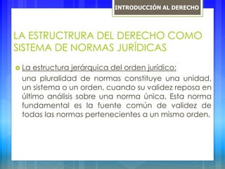 LA ESTRUCTRURA DEL DERECHO COMO
SISTEMA DE NORMAS JURÍDICAS
 La estructura jerárquica del orden jurídico:
una pluralidad de normas constituye una unidad,
un sistema o un orden, cuando su validez reposa en
último análisis sobre una norma única. Esta norma
fundamental es la fuente común de validez de
todas las normas pertenecientes a un mismo orden.
INTRODUCCIÓN AL DERECHO
 
