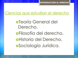 Ciencias que estudian el derecho
Teoría General del
Derecho.
Filosofía del derecho.
Historia del Derecho.
Sociología Jurídica.
INTRODUCCIÓN AL DERECHO
 
