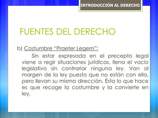 FUENTES DEL DERECHO
b) Costumbre “Praeter Legem”:
Sin estar expresada en el precepto legal
viene a regir situaciones jurídicas, llena el vacío
legislativo sin contrariar ninguna ley. Van al
margen de la ley puesto que no están con ella,
pero llevan su misma dirección. Ésta lo que hace
es que recoge la costumbre y la convierte en
ley.
INTRODUCCIÓN AL DERECHO
 