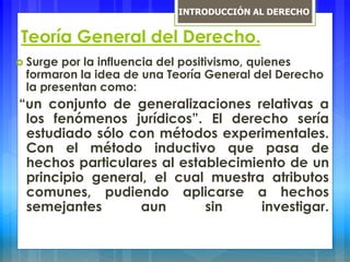 Teoría General del Derecho.
 Surge por la influencia del positivismo, quienes
formaron la idea de una Teoría General del Derecho
la presentan como:
“un conjunto de generalizaciones relativas a
los fenómenos jurídicos”. El derecho sería
estudiado sólo con métodos experimentales.
Con el método inductivo que pasa de
hechos particulares al establecimiento de un
principio general, el cual muestra atributos
comunes, pudiendo aplicarse a hechos
semejantes aun sin investigar.
INTRODUCCIÓN AL DERECHO
 