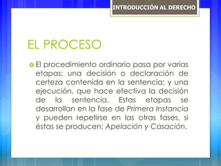 EL PROCESO
 El procedimiento ordinario pasa por varias
etapas: una decisión o declaración de
certeza contenida en la sentencia; y una
ejecución, que hace efectiva la decisión
de la sentencia. Estas etapas se
desarrollan en la fase de Primera Instancia
y pueden repetirse en las otras fases, si
éstas se producen: Apelación y Casación.
INTRODUCCIÓN AL DERECHO
 