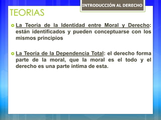 TEORIAS
 La Teoría de la Identidad entre Moral y Derecho:
están identificados y pueden conceptuarse con los
mismos principios
 La Teoría de la Dependencia Total: el derecho forma
parte de la moral, que la moral es el todo y el
derecho es una parte íntima de esta.
INTRODUCCIÓN AL DERECHO
 