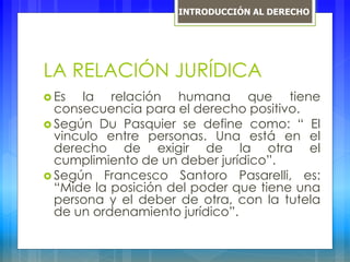 LA RELACIÓN JURÍDICA
 Es la relación humana que tiene
consecuencia para el derecho positivo.
 Según Du Pasquier se define como: “ El
vinculo entre personas. Una está en el
derecho de exigir de la otra el
cumplimiento de un deber jurídico”.
 Según Francesco Santoro Pasarelli, es:
“Mide la posición del poder que tiene una
persona y el deber de otra, con la tutela
de un ordenamiento jurídico”.
INTRODUCCIÓN AL DERECHO
 