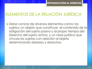 ELEMENTOS DE LA RELACIÓN JURÍDICA
 Debe constar de diversos elementos como: los
sujetos; un objeto que constituye el contenido de la
obligación del sujeto pasivo y al propio tiempo del
Derecho del sujeto activo, y un nexo jurídico que
vincula los sujetos con relación al objeto
determinando deberes y derechos.
INTRODUCCIÓN AL DERECHO
 