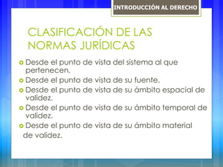 CLASIFICACIÓN DE LAS
NORMAS JURÍDICAS
 Desde el punto de vista del sistema al que
pertenecen.
 Desde el punto de vista de su fuente.
 Desde el punto de vista de su ámbito espacial de
validez.
 Desde el punto de vista de su ámbito temporal de
validez.
 Desde el punto de vista de su ámbito material
de validez.
INTRODUCCIÓN AL DERECHO
 
