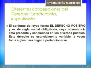 Diferentes concepciones del
Derecho: lusnaturalista,
iuspositivista.
 El conjunto de leyes forma EL DERECHO POSITIVO
y es de regla social obligatoria, cuya observancia
está prescrita y sancionada en los diversos pueblos.
Este derecho es esencialmente variable, a veces
toma siglos para llegar a perfeccionarse.
INTRODUCCIÓN AL DERECHO
 