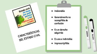 ● Inalienable
● Generalmente no
susceptible de
confesión
● Es un derecho
adquirido
● Es uno e indivisible
● Imprescriptible
 