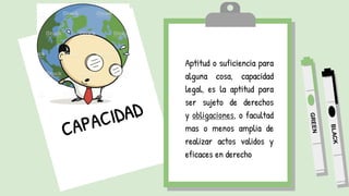 Aptitud o suficiencia para
alguna cosa, capacidad
legal, es la aptitud para
ser sujeto de derechos
y obligaciones, o facultad
mas o menos amplia de
realizar actos validos y
eficaces en derecho
 