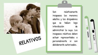 Son relativamente
incapaces los menores
adultos y los disipadores
que se hallen bajo
interdicción de
administrar lo suyo. Los
incapaces relativos deben
actuar representados o
personalmente si son
debidamente autorizados.
 