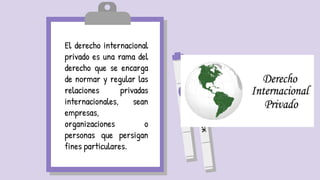 El derecho internacional
privado es una rama del
derecho que se encarga
de normar y regular las
relaciones privadas
internacionales, sean
empresas,
organizaciones o
personas que persigan
fines particulares.
 
