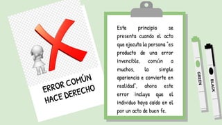 Este principio se
presenta cuando el acto
que ejecuta la persona "es
producto de una error
invencible, común a
muchos, la simple
apariencia e convierte en
realidad", ahora este
error incluye que el
individuo haya caído en el
por un acto de buen fe.
 