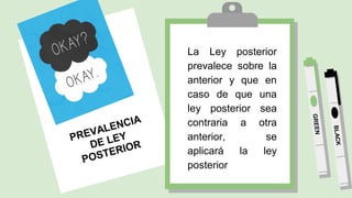 La Ley posterior
prevalece sobre la
anterior y que en
caso de que una
ley posterior sea
contraria a otra
anterior, se
aplicará la ley
posterior
 