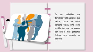 Es un individuo con
derechos y obligaciones que
existe, pero no como
persona física, sino como
institución que es creada
por una o más personas
físicas para cumplir un
objetivo
 
