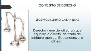 CONCEPTO DE DERECHO
SEGÚN GUILLERMO CABANELLAS
Derecho viene de «directus» que
equivale a directo, derivado de
«dirigere «que significa enderezar o
alinear .
 