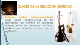 Relación jurídica extraconvencional:
surge como consecuencia de las
actividades del hombre en sociedad,
aunque entre los afectados no haya
existido una intención previa para su
existencia.
CLASES DE LA RELACIÓN JURÍDICA
 