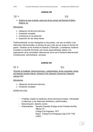 U.N.P. Facultad De Derecho, Ciencias Políticasy Sociales. Introducción al Derecho. M I
22
UNIDAD XIII
T.P: 4 P.C:
 Explica en qué consiste cada una de las ramas del Derecho Público
Externo 4p
Indicadores:
 Utilización de términos técnicos
 Contenido completo
 Coherencia en la redacción
 Expresión de las ideas claves.
Tradicionalmente se han distinguido en dos partes, una que se refiere a las
relaciones internacionales en tiempo de paz y otra que se ocupa en tiempo de
guerra. También se ha dividido en General y Particular. La tendencia moderna
consisten en dividirla formando sub ramas especializadas relativo a la
organización de la comunidad internacional como ser el Derecho Internacional
Constitucional, administrativo, procesal.
UNIDAD XIV
T.P: 6 P.C:
I-Escribe la finalidad, denominaciones y antecedentes de las siguientes ramas
del derecho privado interno: Derecho Civil, Derecho Comercial y Derecho
Laboral (6p)
Indicadores:
 Utilización de términos técnicos
 Contenido completo
DERECHO CIVIL
- Finalidad: regular la existencia de las personas privadas, individuales
o colectivas y sus relaciones familiares y patrimoniales.
- Denominación; derecho común
- Antecedentes: Derecho Español (Código de las Partidas del Rey
Alfonso X)
Código Civil Argentino 1877
Nuevo Código Civil Paraguayo bajo el Nº 1183
(1987)
 