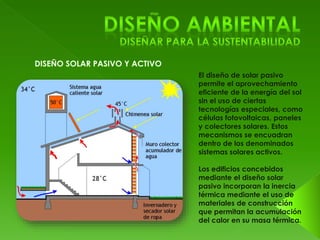 El diseño de solar pasivo 
permite el aprovechamiento 
eficiente de la energía del sol 
sin el uso de ciertas 
tecnologías especiales, como 
células fotovoltaicas, paneles 
y colectores solares. Estos 
mecanismos se encuadran 
dentro de los denominados 
sistemas solares activos. 
Los edificios concebidos 
mediante el diseño solar 
pasivo incorporan la inercia 
térmica mediante el uso de 
materiales de construcción 
que permitan la acumulación 
del calor en su masa térmica. 
 