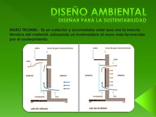 MURO TROMBE.- Es un colector y acumulador solar que usa la inercia 
térmica del material, adosando un invernadero al muro mas favorecido 
por el asoleamiento. 
 