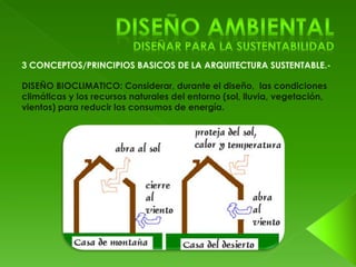 DISEÑO BIOCLIMATICO: Considerar, durante el diseño, las condiciones 
climáticas y los recursos naturales del entorno (sol, lluvia, vegetación, 
vientos) para reducir los consumos de energía. 
 