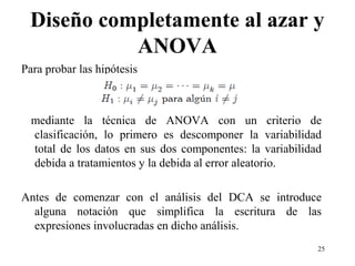 Diseño completamente al azar y
ANOVA
Para probar las hipótesis
mediante la técnica de ANOVA con un criterio de
clasificación, lo primero es descomponer la variabilidad
total de los datos en sus dos componentes: la variabilidad
debida a tratamientos y la debida al error aleatorio.
Antes de comenzar con el análisis del DCA se introduce
alguna notación que simplifica la escritura de las
expresiones involucradas en dicho análisis.
25
 
